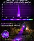 Graph showing 395nm UV wavelength and person using 2-In-1 Black Light Flashlight With 395nm UV And White Light for scorpion detection