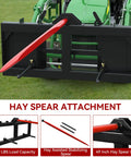 49 Inch Hay Bale Spear Attachment With Beefy 2000 Lb Capacity Quick Attach For Bobcat Tractors And Skid Steer Loaders displayed on tractor