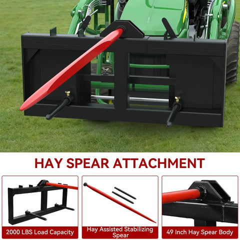 49 Inch Hay Bale Spear Attachment With Beefy 2000 Lb Capacity Quick Attach For Bobcat Tractors And Skid Steer Loaders displayed on tractor