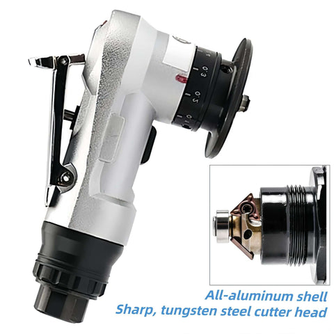 Side view of 45-degree pneumatic chamfering tool with aluminum body, adjustable dial, 1/4 in air inlet.