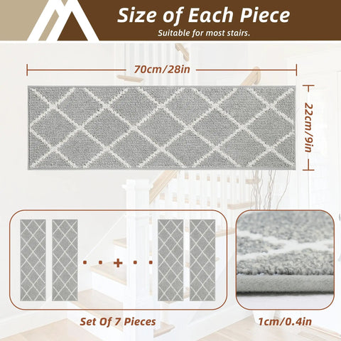Diagram showing Non Slip Stair Treads For Wooden Steps 9x28 Peel And Stick Indoor Runners 7 Pack gray kid and pet friendly
