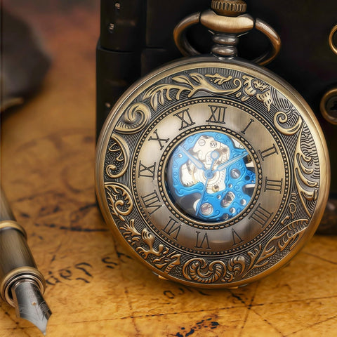 Mechanical Skeleton Pocket Watch With Roman Numerals Double Cover Half Hunter Design Bronze Tone Dial Standable On Table Photo Frame Inside Premium Box And Chain For Men And Women Dope Vintage Style