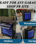 Seven Drawer Rolling Tool Chest On Wheels With Locking Casters And Tubular Handle, Built Tough Tool Cart For Your Garage, Shop Or Warehouse, Massive 7 Drawer Storage In Black And Blue.