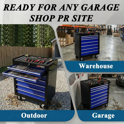Seven Drawer Rolling Tool Chest On Wheels With Locking Casters And Tubular Handle, Built Tough Tool Cart For Your Garage, Shop Or Warehouse, Massive 7 Drawer Storage In Black And Blue.