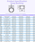 DIY Friendly 50 Pack Black Snap-In Bushing Grommets for Wiring and Tubing product specifications on chart.