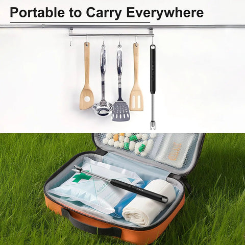 2 Pack USB C Rechargeable Candle Lighters With 360 Degree Flexible Neck And Safety Lock displayed with kitchen tools and travel case
