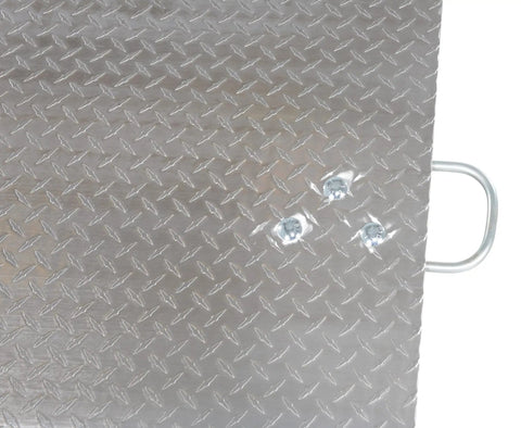 Built Different Aluminum Dock Plate For Two Wheel Hand Trucks 500 Lb Load Rating Loading Bridge Ramp surface detail with handle.