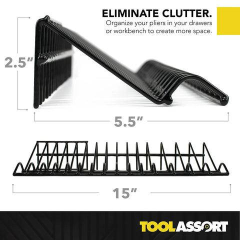 Heavy-Duty Plier Organizer Rack Set with 15 slots, 2.5" high, 5.5" wide, 15" long for tool boxes and chest drawers.