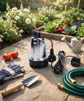 Badass Cordless Submersible Sump Pump With Supercharger 24000mAh Battery on stone surface with gardening tools and plants