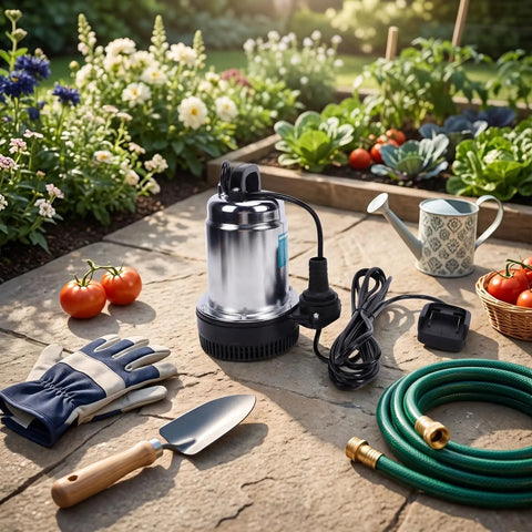Badass Cordless Submersible Sump Pump With Supercharger 24000mAh Battery on stone surface with gardening tools and plants