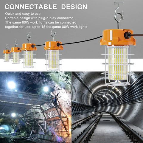 Rugged 80W LED Work Light Delivers 12000 Lumens Of 5000K Daylight IP67 Dust And Waterproof Portable With Stainless Steel Guard And Hook Linkable Design For Mine Wharf Job Site Garage And Factory Lighting shown in use in a tunnel and construction site.