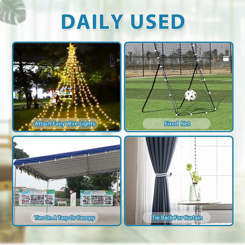 Image displaying uses of Six Inch White Ball Bungee Cords 50 Pcs Heavy Duty Tarp Ball Bungee Ties for various projects.