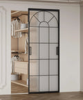 Hardcore Interior Sliding Barn Door Featuring Textured Reeded Glass Panels And Matte Black Frame Hidden Wall Track Kit Saves Wall Space And Moves Like Butter In Any Room Setup, showcased in a modern closet.