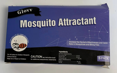 Box of Glovv mosquito attractant, five-pack, designed for boosting indoor and outdoor traps including Aedes, Culex mosquitoes.