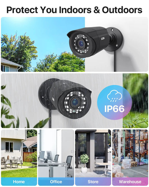 Image showing the All In One AI Motion Detection Home Security System with 8 Channel DVR and 4 Weatherproof 1080p Bullet Cameras for indoor and outdoor use, featuring IP66 weather resistance for environments like home, office, store, and warehouse.