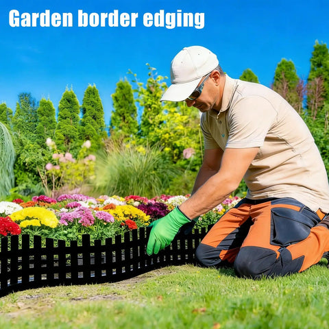 Man installing Flexible Garden Edging Border Kit 33 Ft Black Lawn Edging With 60 Stakes, 4.7 In Tall, around a flower bed