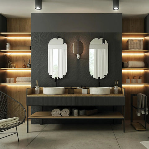 Modern bathroom design featuring two sinks, mirrors, and wood shelves for storage and decor.