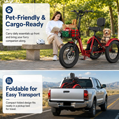 Electric Tricycle For Adults TK Pro Folding Electric Trike With 20 Inch Wheels, 48V 20Ah Battery With 21700 Cells, Removable Battery For Easy Charging, Fast Charge, Real World Range 35 To 60 Miles, Smooth Ride with cargo basket and dog