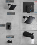 Matte black Single-Handle Tub And Shower Faucet Set with Valve, 6-Inch Rain Shower Head, Tub Spout, and All-In-One Trim Kit details