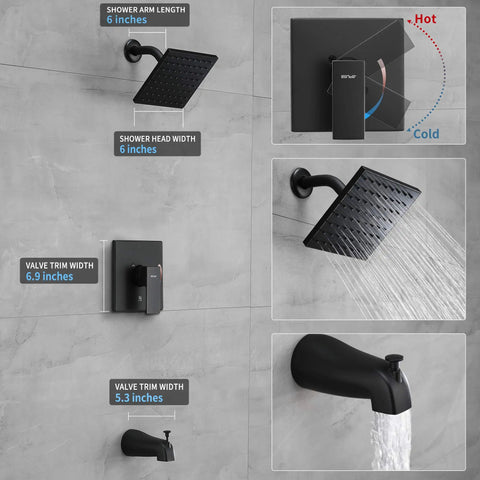 Matte black Single-Handle Tub And Shower Faucet Set with Valve, 6-Inch Rain Shower Head, Tub Spout, and All-In-One Trim Kit details