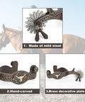 Western Antique Spurs For Horse Riding Hand Engraved Low Carbon Steel Spurs With Brass Inlays 75 To 78mm Adjustable Gear