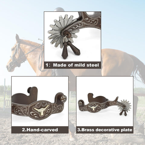 Western Antique Spurs For Horse Riding Hand Engraved Low Carbon Steel Spurs With Brass Inlays 75 To 78mm Adjustable Gear