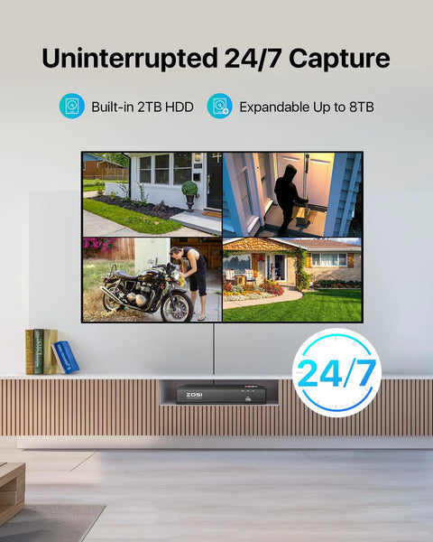 4K PoE Security Camera System With 2TB HDD showing multiple camera feeds on screen for 24/7 home surveillance