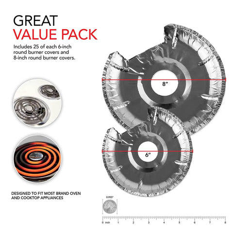 Round Electric Stove Burner Covers 50 Pack 6 Inch And 8 Inch Disposable Aluminum Foil Stove Top Bib Liners To Keep Kitchen Range Clean From Oil And Food Drips Mess Free Cooking Upgrade showing two foil liners with size labels 6 and 8 inches, alongside stove elements.