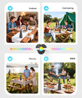 Tabletop Fly Fans With USB Type C Rechargeable Battery And Colorful LED Light Show in use during indoor and outdoor meals