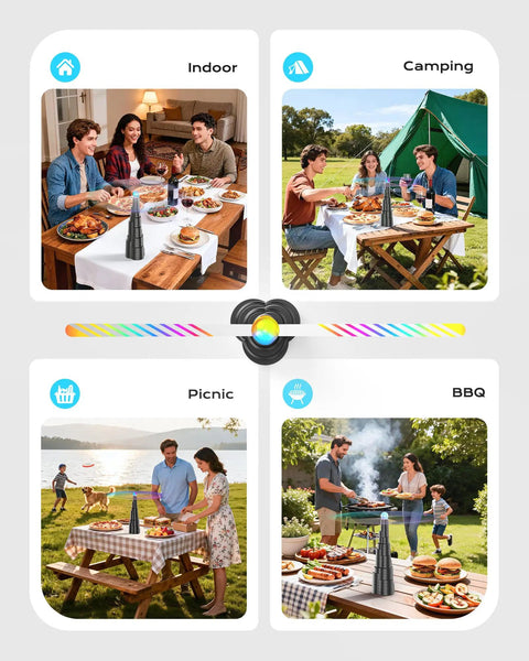 Tabletop Fly Fans With USB Type C Rechargeable Battery And Colorful LED Light Show in use during indoor and outdoor meals