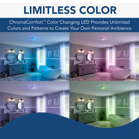 Replacement Bath Fan Cover With Color Changing LED Light Adjustable Brightness And Scene Modes And Sensonic Bluetooth Speaker For Ambient Sound For Your Vibe Not Included With Fan Fits Select Bathroom Fan Models showing color changes in a modern bathroom