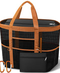 Spacious Beach Tote With Mesh And Canvas Construction, Top Zipper For Secure Access, Eleven Pockets, Detachable Pouch, Dual Carabiners