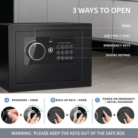 Built Tough Digital Money Safe With Keypad Lock Box showing security features and opening methods