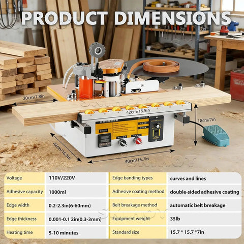 Portable Pro Grade Edge Banding Machine in workshop with product dimensions and features listed, ideal for woodworking and furniture making.