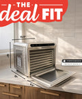 Big Time Performance Stainless Steel Digital Food Dehydrator With Eight Roomy Trays And 360 Airflow for smooth jerky on kitchen countertop.