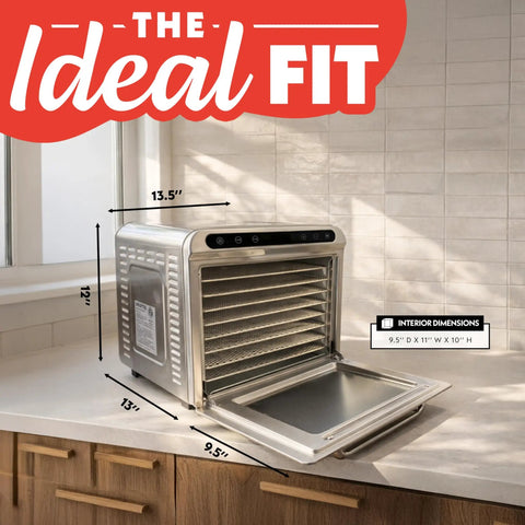 Big Time Performance Stainless Steel Digital Food Dehydrator With Eight Roomy Trays And 360 Airflow for smooth jerky on kitchen countertop.