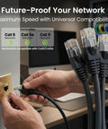 Person connecting Cat 6 Ethernet Cable Pack 10 Foot 10 Pack Patch Cables With Snagless Gold-Plated RJ45 Connectors For PC TV Router Black Delivers 10 Gbps Speeds Perfect For Gaming And Streaming In Home Or Office Setup to a network port.