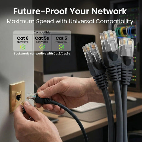 Person connecting Cat 6 Ethernet Cable Pack 10 Foot 10 Pack Patch Cables With Snagless Gold-Plated RJ45 Connectors For PC TV Router Black Delivers 10 Gbps Speeds Perfect For Gaming And Streaming In Home Or Office Setup to a network port.