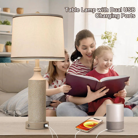 Three Way Dimmable Touch Table Lamp With USB A And C Ports, Vintage Washed White Resin Bedside Farmhouse Set Of 2, living room view