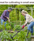 Two people using a 45 Inch Long Handle Garden Hoe 2 In 1 Cultivator For Weeding And Loosening Soil in a small home garden
