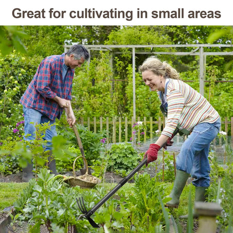 Two people using a 45 Inch Long Handle Garden Hoe 2 In 1 Cultivator For Weeding And Loosening Soil in a small home garden
