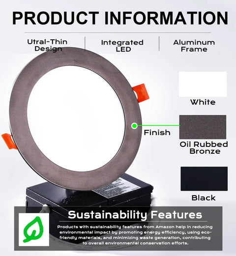 Smart WiFi 6 Inch RGB LED Recessed Lights, Oil Rubbed Bronze Finish, ultra-thin design, product information display.