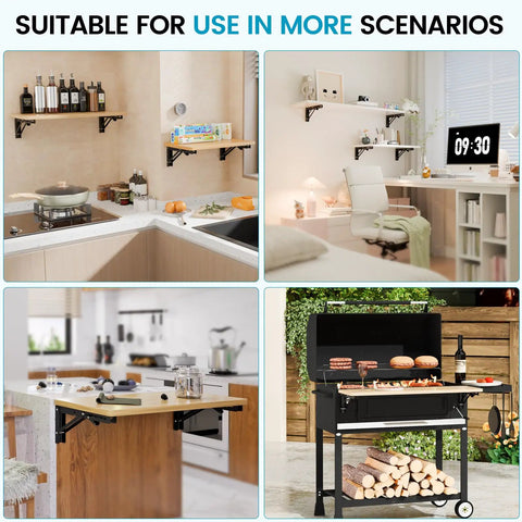Solid 10 Inch Collapsible Shelf Brackets Built Tough With Brushed Stainless Steel Wall Mount Hinge For Bench Table Space Saving DIY Setup White 2 Pack Holds 150 Lbs Like A Champ displayed in various home and outdoor scenarios.