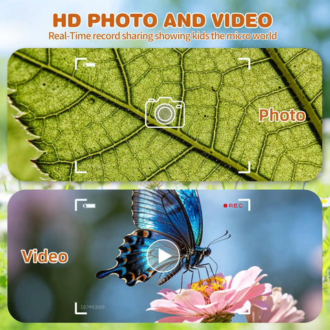 Kids Microscope 3 And Up 1000X Handheld Digiscope With 2 Inch IPS Display For Awesome Photo And Video Ultra Portable Science Toy For Home School Easy Single Button Start Great Gift For Curious Young Scientists showing leaf detail and butterfly video