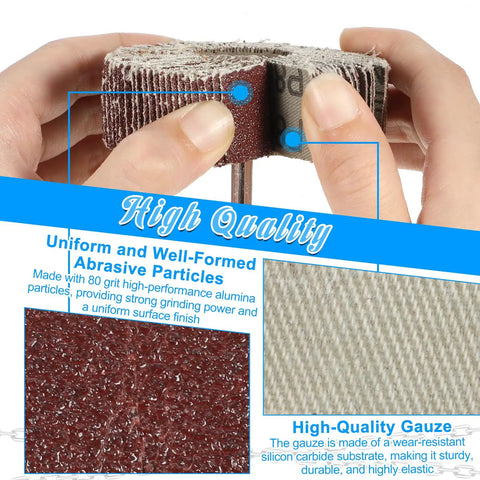 Close-up of 40 Pack 80 Grit Aluminum Oxide Flap Wheels Set held in hand, showing texture and material details for drills.