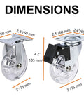 Clear Three Inch Caster Wheels Set Of Four dimensions illustration showing sizes and features of heavy-duty polyurethane rollers.