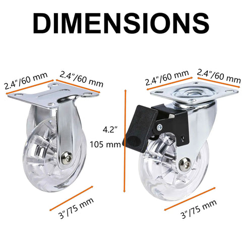 Clear Three Inch Caster Wheels Set Of Four dimensions illustration showing sizes and features of heavy-duty polyurethane rollers.