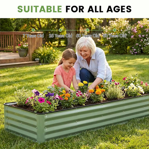 Galvanized Raised Garden Bed Kit 8x2x1 Ft Outdoor Metal Planter Box Olive Green Heavy Duty With Gloves For Vegetables And Flowers