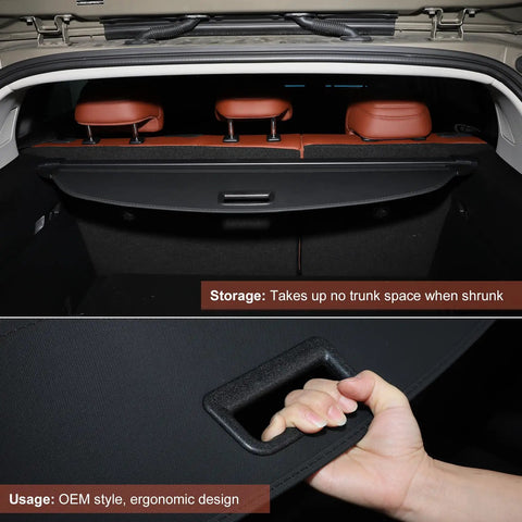 OEM Style Cargo Cover for Mazda CX50 and CX50 Hybrid 2023-2026 showing ergonomic handle and no trunk space usage