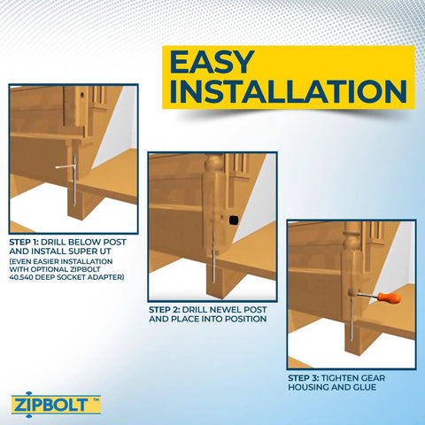 Super UT Newel Post Fastener Bulk Pack for Wrench-Free Staircase Install tutorial steps on wooden stairs with gear housing